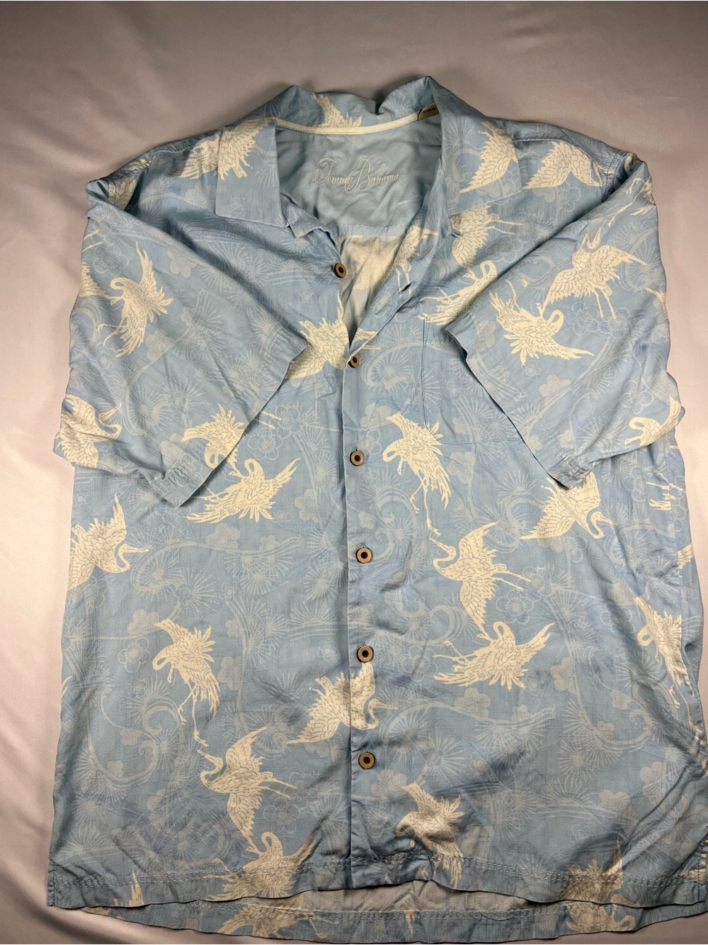 Tommy Bahama Pale Blue Silk Hawaiian Shirt with Cream Print